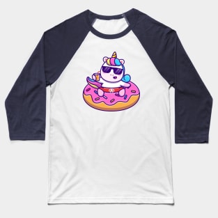 Cute Unicorn Swimming With Donut Balloon And Holding Juice Baseball T-Shirt